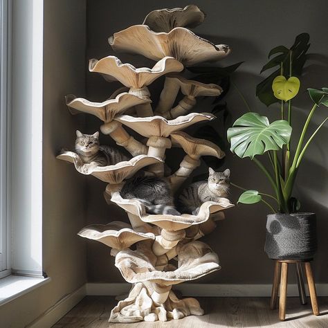 Introducing the "Fungitower" - a whimsical cat tower inspired by mushrooms. With plush platforms resembling mushroom caps, it offers cozy spots for lounging and observing. Its winding design mimics organic growth patterns, bringing a touch of woodland magic into any home. Conceptual AI Art Follow @ecosapiens for more! Cute Cat Trees, Cat Home Ideas Indoor, Cat Climbing Wall, Diy Cat Tree, Outdoor Cat House, Cat Towers, Cat Climbing, Whimsical Cats, Cat Tower