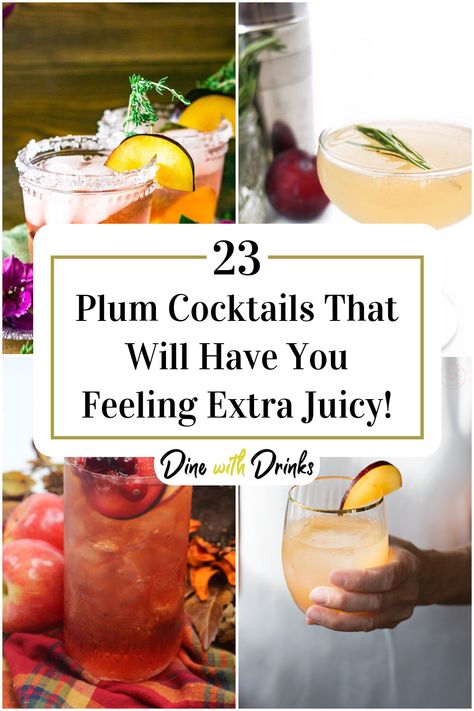 Collage of 4 plum cocktails. Plum Whiskey Cocktail, Plum Liqueur Cocktail, Plum Vodka Cocktails, Plum Cocktail Recipes, Plum Drinks, Plum Cocktails, English Drinks, Plum Vodka, Soju Cocktail