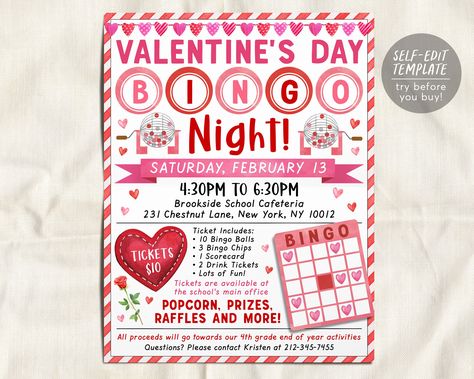 Bingo Night Fundraiser, Pto Events, Valentine Bingo, Drink Ticket, Bingo Chips, Bingo Night, Fundraiser Flyer, End Of Year Activities, School Cafeteria