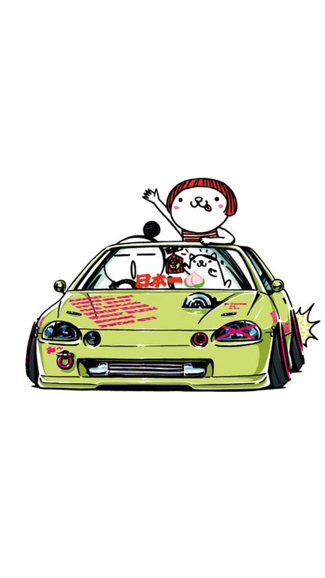 Wall Cartoon, Honda Crx, Cool Car Drawings, Cartoon Artwork, Car Tattoos, Car Artwork, Weird Cars, Car Drawings, Japanese Cars