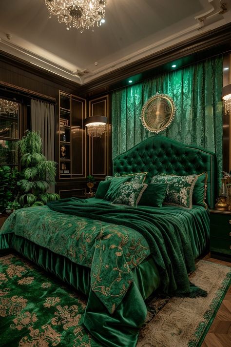 29 Emerald Green Art Deco Bedroom Ideas for a Luxurious and Timeless Space - My Elegant Home Emerald Decor, Slytherin Bedroom, Baroque Bedroom, Industrial Punk, Emerald Green Art, Royal Bedroom Design, Interactive Backgrounds, Opulent Bedroom, Bohemian Goth