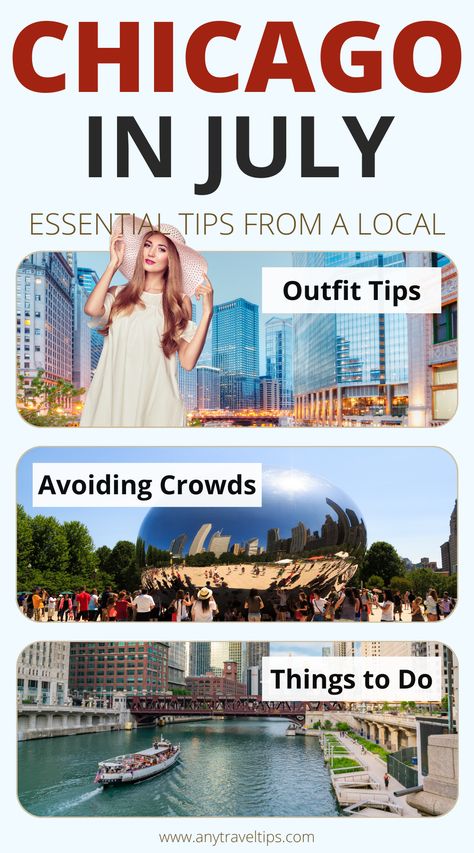 Visiting Chicago in July? Check out our complete guide with essential tips from a local: What to wear in July (outfit tips), how to avoid the summer crowds, the best things to do, and many more Chicago travel tips for July. Chicago Going Out Outfits Summer, Summer Chicago Outfits 2023, Chicago Trip Outfit Summer, Outfits For Chicago Summer, Chicago Things To Do In Summer, Summer Outfits Chicago, Summer In Chicago Outfit, Chicago Vacation Outfits, Outfits To Wear In Chicago