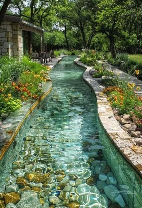 Safest Places To Travel, Lazy River Pool, Walkway Lighting, Lighting Garden, Natural Swimming Ponds, Enchanting Garden, Glass Pool, Lazy River, Dream Life House