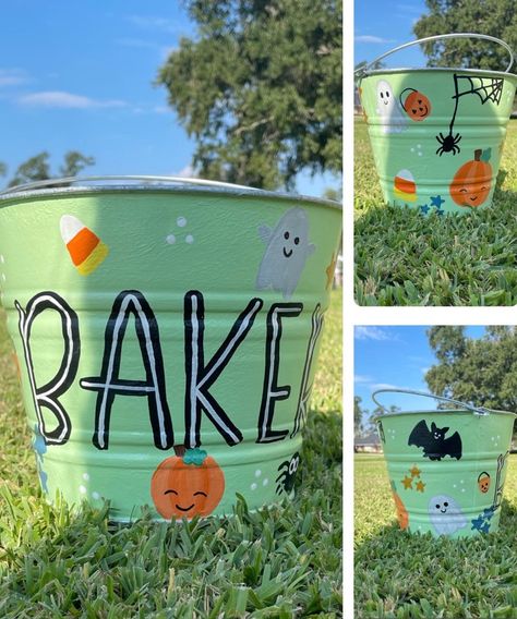 Custom Halloween Buckets, Halloween Buckets Ideas, Boo Bucket, Painted Buckets, Bucket Gifts, Halloween Basket, Bucket Ideas, Toddler Painting, Treat Basket