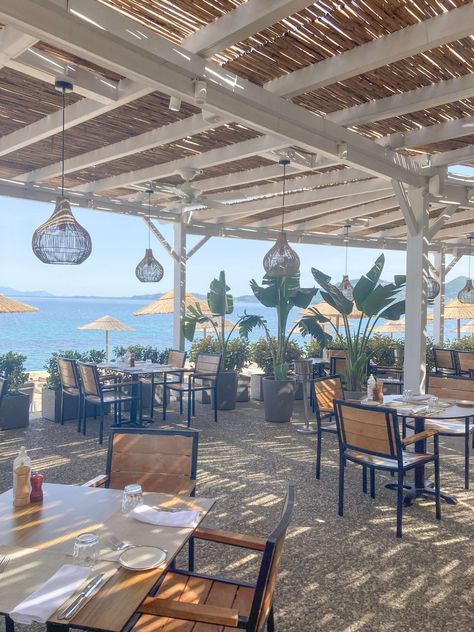 Greek Hotel Aesthetic, Corfu Restaurants, Greek Resort, Greek Hotel, Corfu Beaches, Corfu Hotels, Greece Hotel, Greece Resorts, Deck Bar