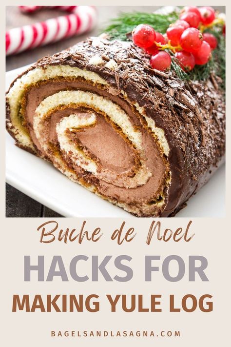 Buche de Noel or the Yule Log Cake is a quintessential chocolate Christmas dessert. This article includes hacks to make decoration and frosting the cake easier using store-bought supplies. Spice Cake Yule Log, Bush Noel Cake Christmas, Yule Log Cake Decoration, Yule Logs Decoration, Log Cakes, Yule Log Cake Recipe, Christmas Chocolate Desserts, Cake For Christmas, Yule Log Recipe