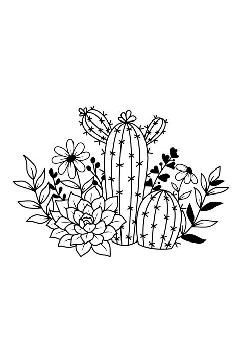 Cactus Plants Cacti SVG Cactus And Flowers Drawing, Cactus Outline Drawing, Coloring Pages Cactus, Black And White Cactus Tattoo, Cactus Outline Tattoo, Simple Western Drawing Ideas, Simple Svg Designs, Desert Flowers Drawing, How To Draw A Cactus