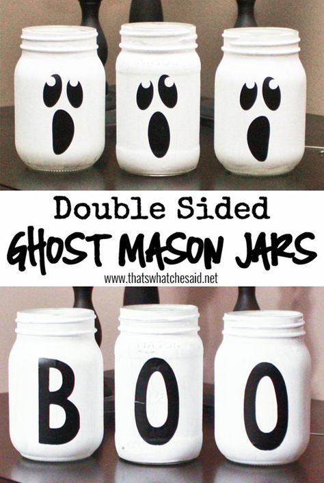 Double Sided Ghost Mason Jars at thatswhatchesaid.net. Use as lanterns, vases, candy dishes or a table centerpiece! Ghost Jar, Halloween Mason Jars Diy, Mason Jar Halloween Crafts, Dekorasi Halloween, Crafts Love, Halloween Jars, Halloween Mason Jars, Halloween Decor Diy, Halloween Crafts For Toddlers