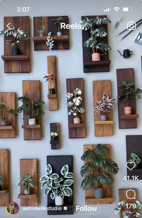 Creative Plant Shelves, Plant Wall Shelf Ideas Living Room, 2×4 Diy, Wooden Pots For Plants, Indoor Wall Planter Ideas, Bedroom Wood Decor, Plant Wall Shelves, Diy Wood Plant Stand, Decorative Wall Ideas