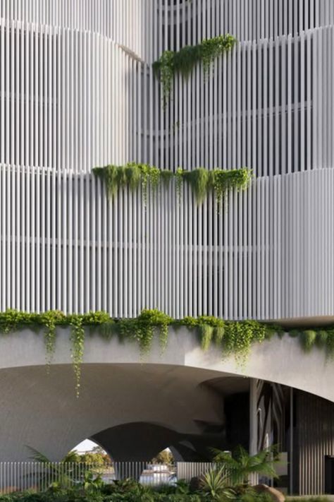 Artist's impression of proposed apartment building façade planned for Brisbane Facade With Plants, Curved Facade, Organic Building, Parking Lot Architecture, Sustainable Building Design, Atrium Design, Terrace Building, Classic Facade, Apartments Exterior