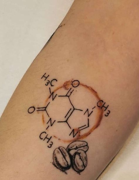 Happy Chemicals Tattoo, Motocycle Tattoo Idea, Geometric Line Tattoo Minimalist, Barista Tattoo Ideas, Iced Coffee Tattoo, Coffee Bean Tattoo, Caffeine Molecule Tattoo, Barista Tattoo, Caffeine Tattoo