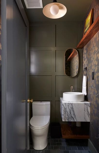 painted paneling, stone vanity, wallpaper powder room, green powder room Green Powder Room, Tiny Powder Rooms, Room Under Stairs, Tiny Powder Room, Powder Room Wallpaper, Narrow Bathroom, Powder Room Design, Small Toilet, Downstairs Bathroom