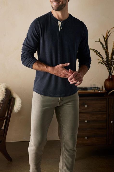 When we started this company in our parents' basement, we did it with one shirt: the Puremeso Henley. This modern take on the classic henley is soft, with a special fabric wash for a soft, heathered look. Insanely soft, with a cut that's sharp enough to wear out or around the house, this is the shirt you'll never want to take off.    True-to-size    58% Cotton, 39% Polyester, 3% Spandex    Machine wash with like colors. Turn garment inside out. Only non-chlorine bleach if needed. Tumble dry low. Cool iron if needed Men’s Henley, Mens Style Casual, Button Shirts, Mens Henley, Wardrobe Update, Denim T Shirt, Denim Sweater, We Did It, Stylish Mens Outfits