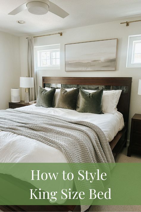 Since upgrading to a king size bed, I’ve had some trouble figuring out the pillow situation. Specifically, how to layer pillows on a  bed? Do I need European shams? Should I have standard or king size pillows? How many pillows do I need? Are there pillow rules?! Thankfully, I found my answers below. Pillow Set Up On Bed King, Cal King Pillow Arrangement, What Size Throw Blanket For King Bed, King Size Pillow Arrangement, Styling A King Size Bed, King Bed Pillow Arrangement Simple, How To Style A King Size Bed, King Size Bed Pillow Arrangement, Style A King Size Bed