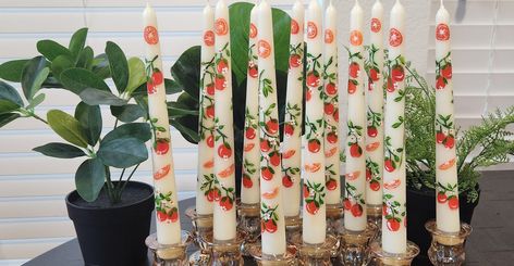 Hand Painted Candles, Set of Painted Taper Candles, Hand Painted Oranges Taper, Baby Shower, Wedding Candle, Dinner Candle, Gift - Etsy Painted Oranges, Painted Taper Candles, Candle Painting, Ivory Candles, Tapered Candle, Dinner Candle, Hand Painted Candles, Wedding Candle, Candle Store