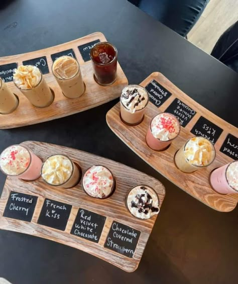 I heard The FOX'S DEN Cafe in Blountville has coffee flights!!! Someone please tell me this is true!!! Coffee Shop Drinks Aesthetic, Diy Coffee Flight Board, Coffee Shop Flavor Ideas, Coffee And Gift Shop Ideas, Small Coffee Business, Aesthetic Coffee Shops Interior, Coffee Shack Ideas, Fun Cafe Ideas, Coffee Truck Business