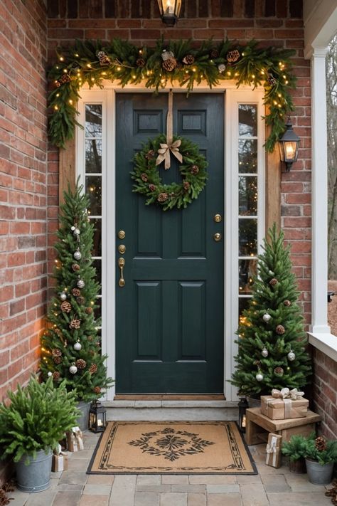 Greenery Around Front Door Christmas, Exterior Door Christmas Decor, Christmas Decorations Modern House, Xmas Front Porch Decor, Modern Exterior Christmas Decor, Christmas Small Front Porch Ideas, Christmas Door Ideas For Home Entrance, Christmas Decor House Exterior, Front Entry Christmas Decorating Ideas