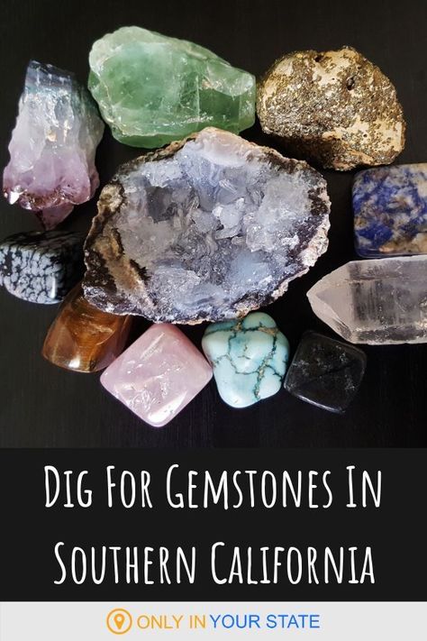 Looking for a fun staycation or day trip like no other? Perhaps you're just looking for things to do while on vacation in Southern California? Head to Oceanview mine where you can hunt for real, raw gemstones. Tourmaline, morganite, aquamarine, quartz, and more can be found. You can also take a tour of the Pala Gem District. | Best Day Trip Ideas | Unique Fun | Girls Trip | Bachelorette Geology Books, Rockhounding California, Gem Hunting, Day Trip Ideas, Gem Hunt, Gold Panning, Road Trip Places, Fossil Hunting, Rock Hunting