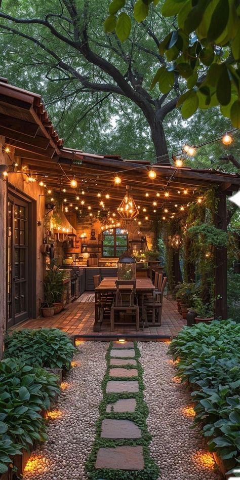 Wrap Around Patio, Private Backyard Oasis, Backyard Patio Decor, Serene Backyard, String Lighting, Fence Designs, White Picket Fence, Deck Ideas, Rustic Garden Decor