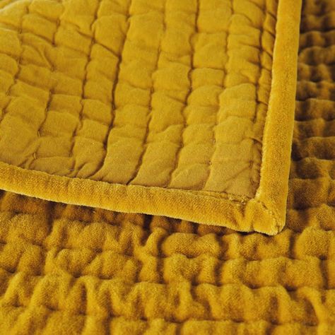 Velvet quilted bedspread in mustard yellow 240 x 260cm Yellow Bedspread, Mustard Bedding, Velvet Bedspread, Ralph Lauren Bedding, Lay Me Down, Yellow Decor, Bedding Sets Online, Velvet Quilt, Luxury Bedding Sets