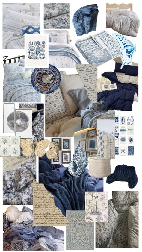 Navy And White Coastal Bedroom, Purple And Blue Dorm Room Ideas, Navy Bedroom Inspirations, Coquette Room Aesthetic Blue, Indigo Room Aesthetic, Navy Blue Aesthetic Bedroom, Blue And White Themed Room, Dark Blue Dorm Room Aesthetic, Blue And Gold Room Aesthetic