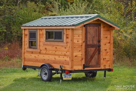 Off-Grid 5x8 Micro Cabin on Wheels for Sale: $8,999 Micro Cabin Plans, Mini Log Cabin, Cabin On Wheels, Tiny Cabin On Wheels, Micro House On Wheels, Cabin Trailer, Tiny House Exterior On Wheels, Log Cabin Tiny House On Wheels, Cheap Tiny House