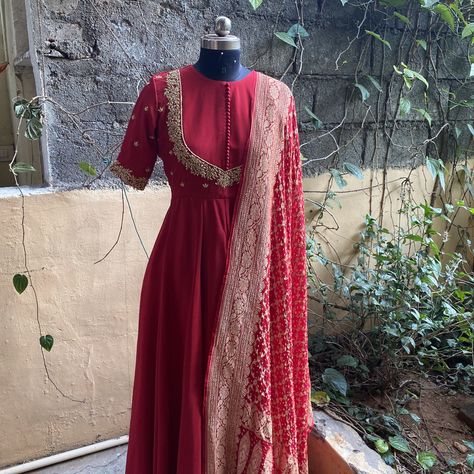 Hand embroidered Anarkali with banarasi handloom  dupatta / anarkali suit set / anarkali dupatta USA  / Indian dresses/ voggish USA Red Anarkali Suits Long Sleeve, Bandhej Dupatta Suits, Crepe Anarkali Suits, Handwork Anarkali Suits, Full Gher Anarkali Dress, Banarasi Dupatta Suits Party Wear, Red Anarkali Suits Designer, A Line Dress Indian, Latest Wedding Guest Outfits Indian