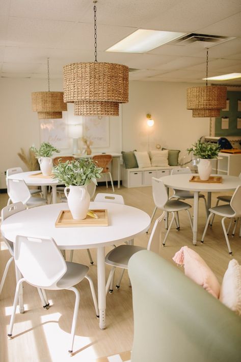 Stunning Teacher Lounge Makeover: Neutral, Calm & Beautiful Decor Neutral Color Preschool Classroom, Work Lounge Ideas, Teacher Work Room Ideas, Teacher Break Room Furniture, Staff Lounge Decor, Boho Break Room, Classroom Lounge Area, Faculty Room Makeover Teacher Lounge, Staff Office Work Spaces