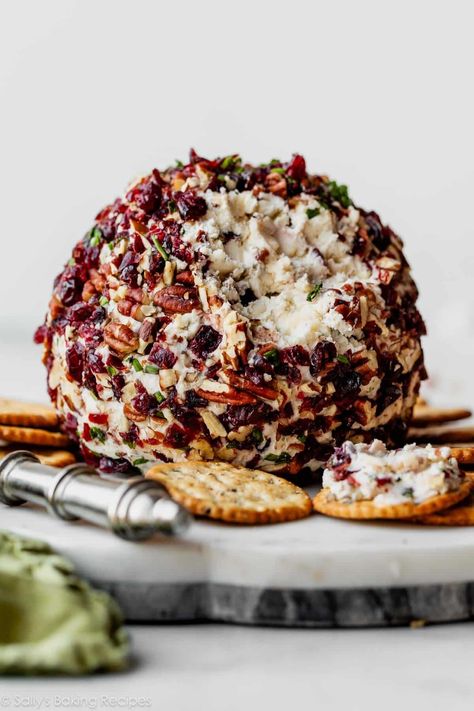 A classic party favorite, this appetizer cheese ball is decked out in the most delicious coating of chopped dried cranberries and pecans. This is an easy make-ahead hors d'oeuvre that's sure to please a crowd! Prep work takes only about 15 minutes. sallysbakingaddiction.com White Cheddar Cheese Ball, Cranberry Orange Cheese Ball, Cranberry Cheese Ball, Thanksgiving Cheese Ball, Cranberry Cheeseball, Spinach Bacon Dip, Cheddar Cheese Ball, Cranberry Almond, Cranberry Cheese