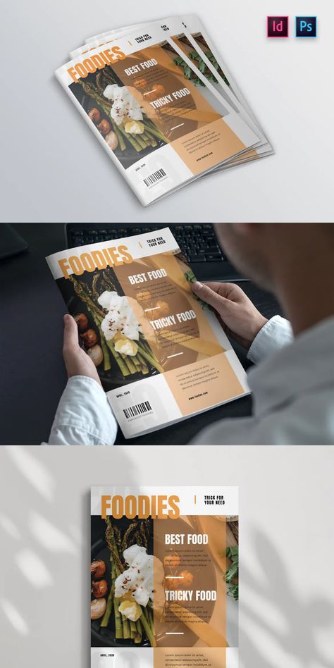 Food Magazine Cover Template. INDD, PSD. Adobe Photoshop, Adobe InDesign. Page Size 210×297mm (A4). Design in 300 DPI Resolution. Magazine Food Layout, Interior Magazine Cover, Food Magazine Cover Design, Food Magazine Cover, Magazines Cover, A4 Design, Interior Magazine, Magazine Design Cover, Layout Magazine