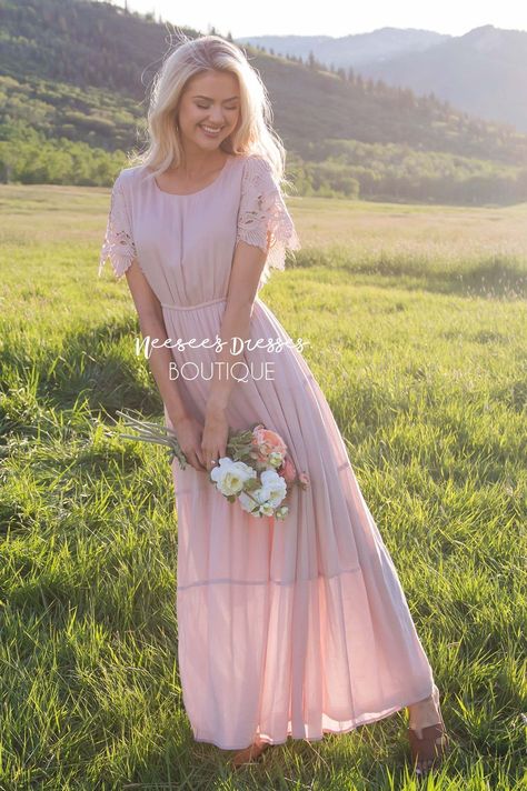 Pink Modest Dress, Mormon Dress, Eyelash Lace Dress, Modest Boutique, Modest Bride, Neesees Dresses, Blush Pink Bridesmaids, Cute Maxi Dress, Pink Long Dress