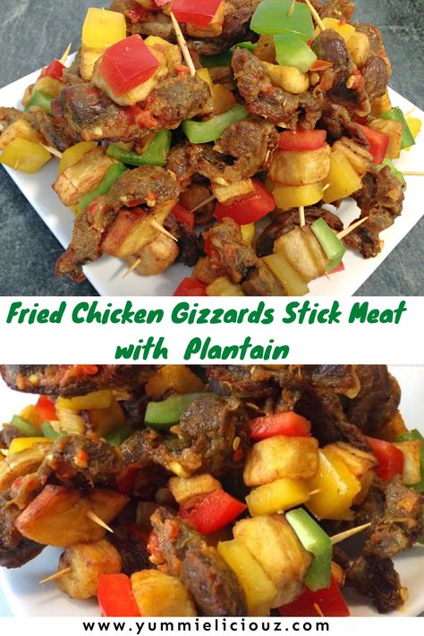 How to make fried chicken gizzards with plantain on a stick. Nigerian gizdodo stick meat. Nigerian Gizdodo, Nigerian Snacks, African Meals, Recipes African, Chicken Lunch Recipes, Pan Chicken Recipes, Chicken Gizzards, Plantain Recipes, Making Fried Chicken