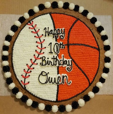 Football Baseball Cake, Baseball Basketball Cake, Sports Cakes, 10 Birthday Cake Boy, Sports Cake Ideas, Sports Birthday Cake, Basketball Cookie Cake, Chocolate Baseball Cake, Sports Cookie Cake