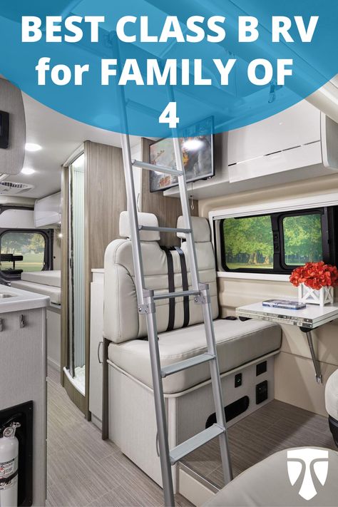 Best Class B RV for Family of 4 - Thor Tellaro 20A Camper Van featuring the Sky Bunk pop top. Camper Van Sleeps 4, Camper Van Family Of 4, Sleeper Van, Caravan Conversion, Toyota Motorhome, Class B Camper Van, Small Motorhomes, Living Van, Class B Motorhomes