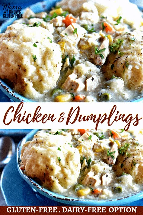 Easy gluten-free chicken and dumplings with a dairy-free option. Gluten-Free chicken and dumplings is a super easy one-pot dinner to make. It's delicious and filling meal that can be on your table in less than 40 minutes. A classic southern comfort food recipe your whole family is sure to enjoy! Recipe from www.mamaknowsglutenfree.com #glutenfree #dairyfree #opnepotmeal #easyrecpie #dinnerrecipe #chickensoup #glutenfreedinner #chickenandumplings Chicken And Dumplings Gluten Free, Gluten Free Chicken Soup, Dairy Free Soup Recipe, Gluten Free Dumplings, Dairy Free Recipes Dinner, Dairy Free Soup, Keto Kitchen, Gluten Free Main Dishes, Dairy Free Dinner