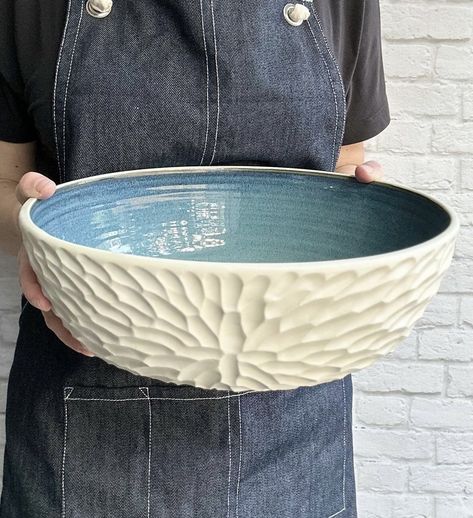 Pottery Big Bowl, Pottery Large Bowl, Ceramic Bowls Handmade Artful Home, Large Bowl Ceramic, Handbuilt Pottery Salad Bowl, Pottery Carving, Carved Pottery, Diy Pottery Painting, Diy Bowl