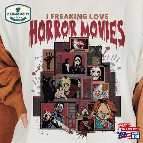 Horror Movie Halloween Vintage Shirt Retro 90S Movies Sweatshirt T-Shirt Check more at https://dadmomgift.com/product/horror-movie-halloween-vintage-shirt-retro-90s-movies-sweatshirt-t-shirt/ Create T Shirt Design, Horror Movie Shirts, 90s Movies, Horror Movie Characters, Halloween Vintage, Movie Shirts, Fan Shirts, Tee Shirt Designs, Movie T Shirts