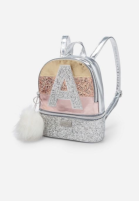 Glitter Stripe Initial Backpack | Justice Mommy Baby Matching Outfits, Justice Bags, Justice Backpacks, Pompom Keychain, Justice Accessories, Glitter Backpack, Baby Doll Nursery, Cute Luggage, Cute Mini Backpacks