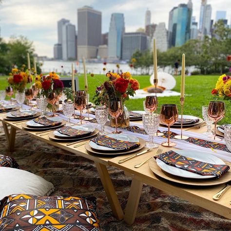 Sika Sika on Instagram: “Check out our sister company @unetablebytania. Based in the #newyork #newjersey #connecticut area. #mudcloth #mudclothtablerunner…” African Wedding Theme Decoration, African Picnic, Indoor Picnic Ideas, African Tea Party, Nigerian Wedding Decor, Luxe Picnic, African Wedding Theme, African Tea, Wedding Reception Themes