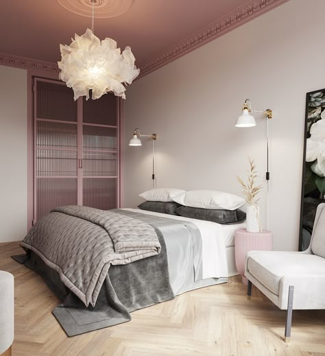 Blush Bedroom, Pink Ceiling, Pink Headboard, Pink Bedding Set, Pink Bedrooms, Design Del Prodotto, Pink Bedding, Pink Bedroom, White Furniture