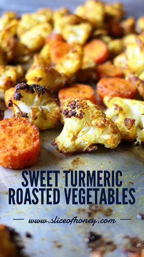 SWEET TURMERIC ROASTED VEGETABLES - Slice Of Honey Vegetable Slice, Turmeric Recipes, Brown Spots Removal, 140 Pounds, Health Nutrition, Brown Spots, Healthy Nutrition, Roasted Vegetables, Nutrition Recipes