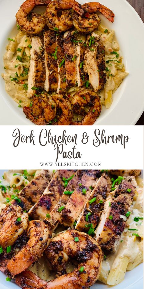 Jerk Shrimp Fettuccine, Jerk Chicken And Shrimp Pasta, Jerk Chicken Alfredo Pasta Recipe, Blackened Steak And Shrimp Alfredo, Jamaican Jerk Chicken Pasta, Chicken And Shrimp Dinner Ideas, Jerk Chicken Alfredo Pasta, Jerk Shrimp Recipe, Shrimp And Chicken Recipes