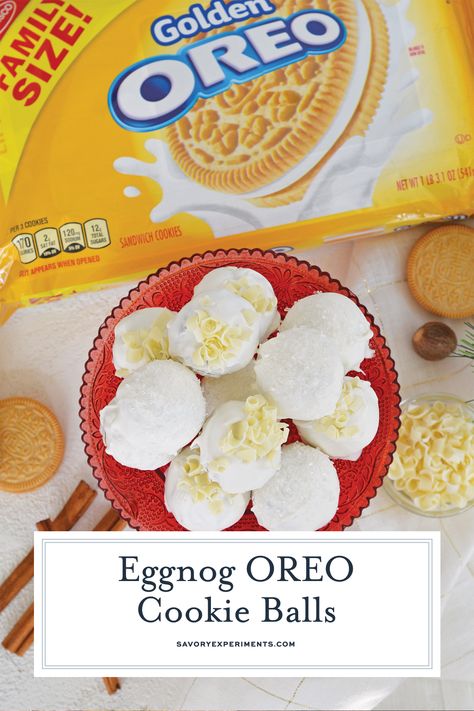 #Ad EGGNOG @OREO Cookie Balls are an excellent addition to any holiday celebration. No-bake with flavors of eggnog, cinnamon and nutmeg make these a winner! Find everything you need at @shopritestores #OREOCookieBalls Eggnog Cookie, How To Make Eggnog, Oreo Cookie Balls, Eggnog Cookies, White Almond Bark, Oreo Cookies Dipped, Cookie Balls, Golden Oreo, Oreo Balls