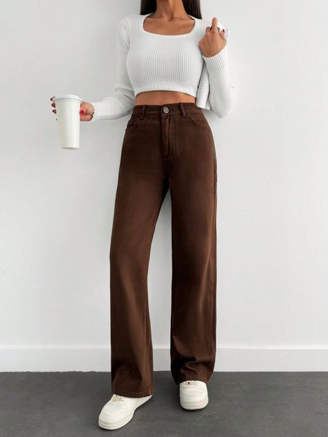 100%Cotton Women's Solid Color High Waist Straight Leg Jeans Brown Casual   Denim Plain Straight Leg Non-Stretch  Women Clothing, size features are:Bust: ,Length: ,Sleeve Length: Jeans Brown, Women Denim Jeans, Casual Denim, Denim Women, Straight Leg Jeans, Women Clothing, Straight Leg, Solid Color, High Waisted