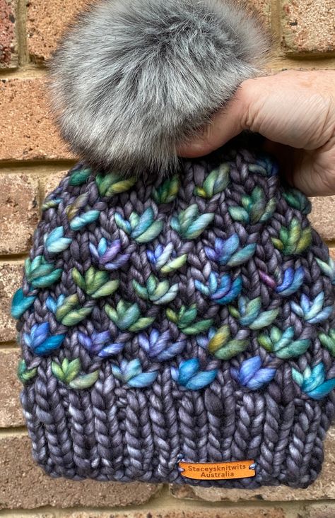 Excited to share this item from my #etsy shop: Hand Knitted ladies grey flowers faux fur PomPom blue green lotus flower beanie fake fur PomPom chunky hat knit Green Lotus Flower, Flower Beanie, Cable Headband, Chunky Hat, Hat Knit, Grey Flowers, Team Board, Grey Beanie, Knit In The Round