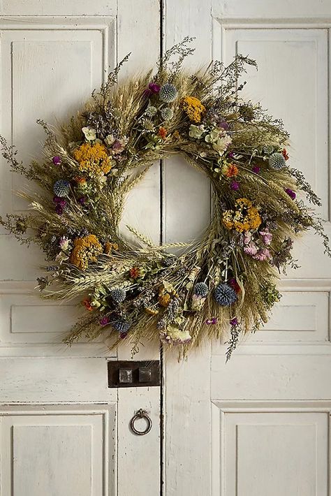 Terrain | Anthropologie Lemon Yellow Bedroom, Front Patio Makeover, Dry Flower Wreath, Wreath Workshop, Fall Perennials, Garden Wreath, Super Bloom, Dried Wreath, Globe Amaranth