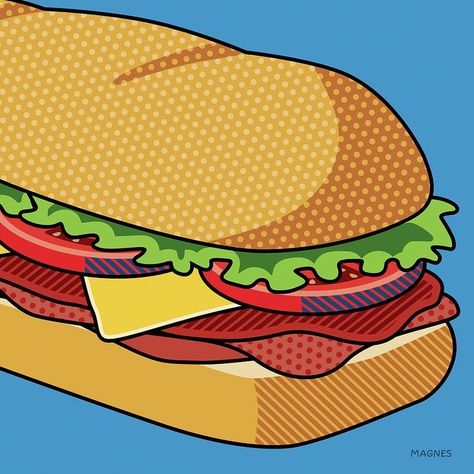 Hoagie Sandwich on blue by Ron Magnes Hoagie Sandwich, Ron Magnes, Art Jobs, Pop Art Food, American Dinner, Jobs In Art, Pop Art Drawing, Retro Comic Book, Blues Artists