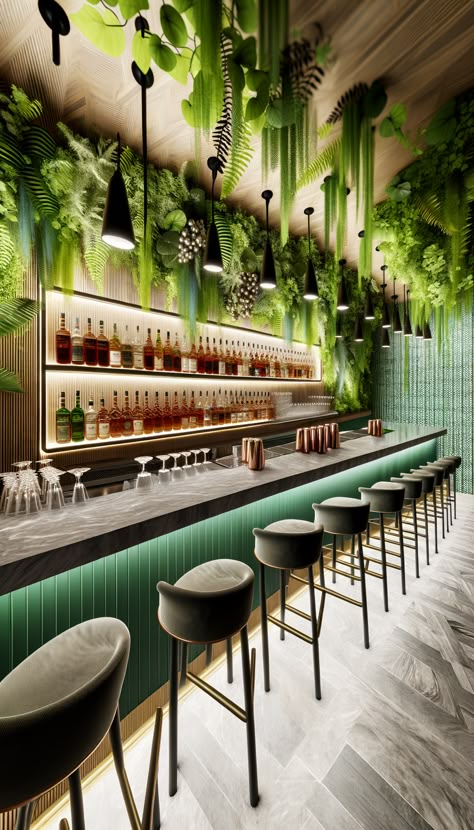 Jungle Bar Ideas, Botanical Restaurant Interior, Dark Green Restaurant Interior, Green Restaurant Interior, Tropical Bar Design, Green Coffee Bar, Green Restaurant, Bar Lounge Design, Brunch Restaurant