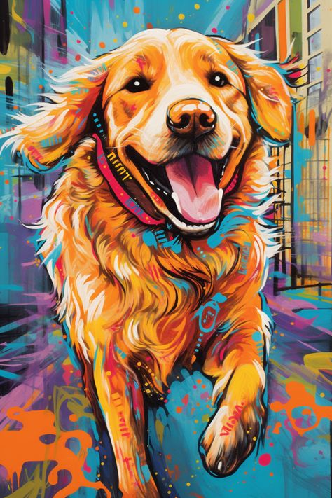 Unique Animal Drawings, Dog Art Ideas, Crafts For Gift, Happy Dog Art, Dog Art Golden Retriever, Colourful Dog Painting, Dog Painting Pop Art, Pop Art Dog Portraits, Art Kits For Adults