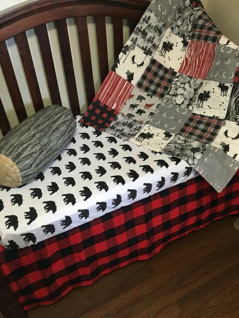 The WOODSMAN'S LUMBERJACK Nursery Collection by OCKBaby on Etsy Woodland Baby Bedding, Lumberjack Nursery, Bear Bedding, Black Crib, Handmade Crib, Woodland Adventure, Woodland Blanket, Red Sheets, Crib Bedding Boy